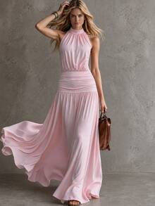 CHARMVALE Women's Solid Color Summer Sleeveless Halter Neck Slimming Pink Knit Dress - Pink - View 3