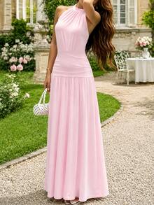 CHARMVALE Women's Solid Color Summer Sleeveless Halter Neck Slimming Pink Knit Dress - Pink - View 7