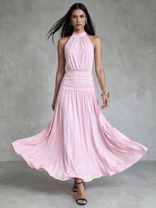 CHARMVALE Women's Solid Color Summer Sleeveless Halter Neck Slimming Pink Knit Dress - Pink - View 1