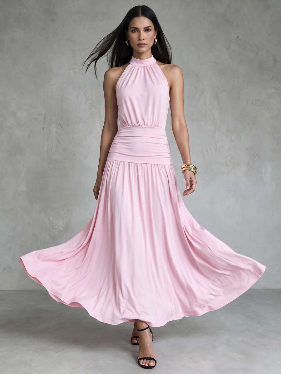 CHARMVALE Women's Solid Color Summer Sleeveless Halter Neck Slimming Pink Knit Dress - Pink - View 1