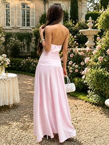 CHARMVALE Women's Solid Color Summer Sleeveless Halter Neck Slimming Pink Knit Dress - Pink - View 4