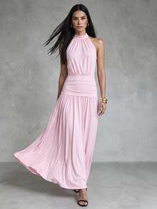 CHARMVALE Women's Solid Color Summer Sleeveless Halter Neck Slimming Pink Knit Dress - Pink - View 2