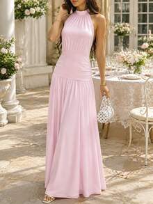 CHARMVALE Women's Solid Color Summer Sleeveless Halter Neck Slimming Pink Knit Dress - Pink - View 6