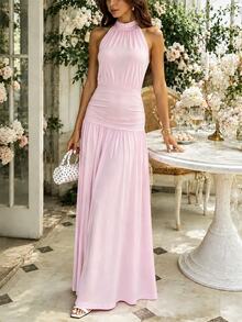 CHARMVALE Women's Solid Color Summer Sleeveless Halter Neck Slimming Pink Knit Dress - Pink - View 5