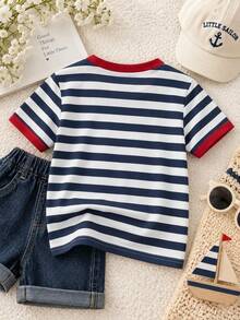 SHEIN Baby Girls' Striped Round Neck Short Sleeve Pullover T-Shirt  Classic Pattern Girl Clothing  Tops  Suitable For All Seasons  Spring/Summer  Fits 6M-3T - Multicolor - View 2