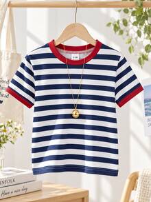 SHEIN Baby Girls' Striped Round Neck Short Sleeve Pullover T-Shirt  Classic Pattern Girl Clothing  Tops  Suitable For All Seasons  Spring/Summer  Fits 6M-3T - Multicolor - View 3