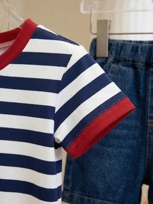 SHEIN Baby Girls' Striped Round Neck Short Sleeve Pullover T-Shirt  Classic Pattern Girl Clothing  Tops  Suitable For All Seasons  Spring/Summer  Fits 6M-3T - Multicolor - View 6