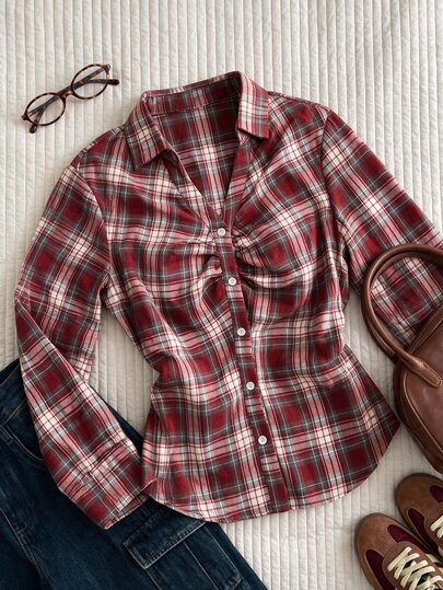 Comfortcana Plus Size Women's Plaid Long Sleeve Collared Waist-Cinching Blouse