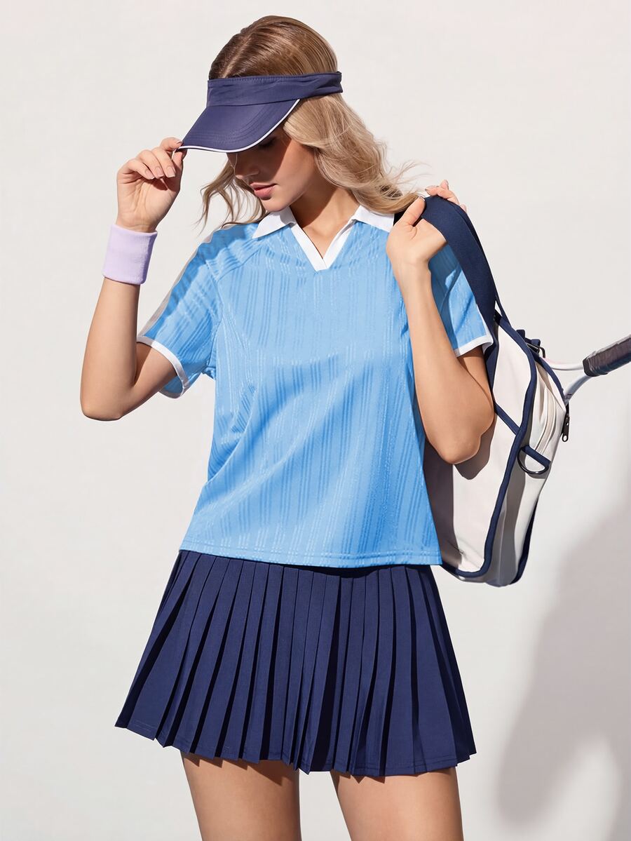 CourtClass CourtClass Camisa de tenis de manga corta con contraste de color para mujer - Azul - Ver 1