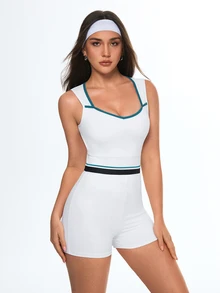 CourtClass CourtClass Women's Blue And White Sleeveless Active Romper,V-Neck Racerback Open Back With Teal Trim,Contrast Striped Waist,Summer Athleisure Gym Outfit - White - View 3