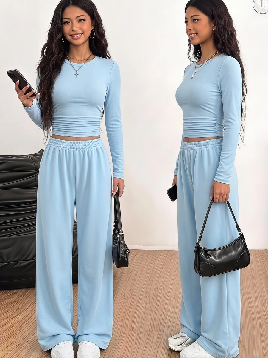 SHEIN Teen Girls Blue Ribbed Knit Top And Casual Vintage Sweatpants 2 Pieces Set, Spring/Autumn - Blue - View 1