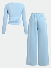 SHEIN Teen Girls Blue Ribbed Knit Top And Casual Vintage Sweatpants 2 Pieces Set, Spring/Autumn - Blue - View 3