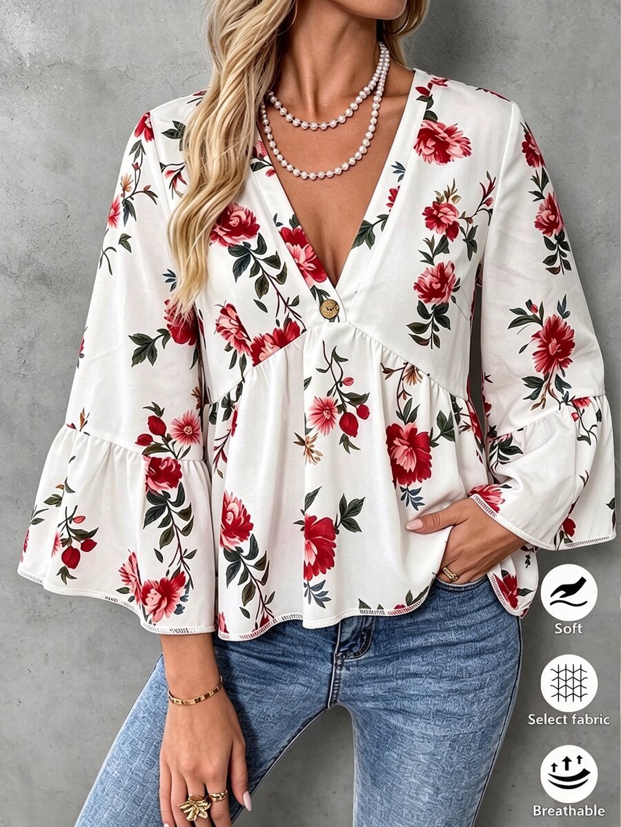 EMERY ROSE Autumn New Fashion Casual Corset Boho Elegant Commute Brunch Vacation Print V-Neck Plus Size Blouse Outing Outfit Fall Red And White - Multicolor - View 1