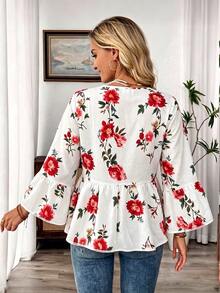 EMERY ROSE Autumn New Fashion Casual Corset Boho Elegant Commute Brunch Vacation Print V-Neck Plus Size Blouse Outing Outfit Fall Red And White - Multicolor - View 2