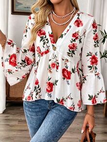 EMERY ROSE Autumn New Fashion Casual Corset Boho Elegant Commute Brunch Vacation Print V-Neck Plus Size Blouse Outing Outfit Fall Red And White - Multicolor - View 3