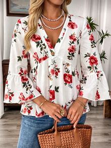 EMERY ROSE Autumn New Fashion Casual Corset Boho Elegant Commute Brunch Vacation Print V-Neck Plus Size Blouse Outing Outfit Fall Red And White - Multicolor - View 4