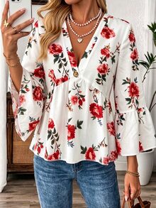 EMERY ROSE Autumn New Fashion Casual Corset Boho Elegant Commute Brunch Vacation Print V-Neck Plus Size Blouse Outing Outfit Fall Red And White - Multicolor - View 5