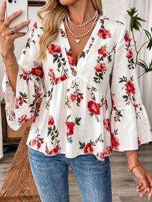 EMERY ROSE Autumn New Fashion Casual Corset Boho Elegant Commute Brunch Vacation Print V-Neck Plus Size Blouse Outing Outfit Fall Red And White - Multicolor - View 7