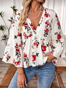EMERY ROSE Autumn New Fashion Casual Corset Boho Elegant Commute Brunch Vacation Print V-Neck Plus Size Blouse Outing Outfit Fall Red And White - Multicolor - View 8