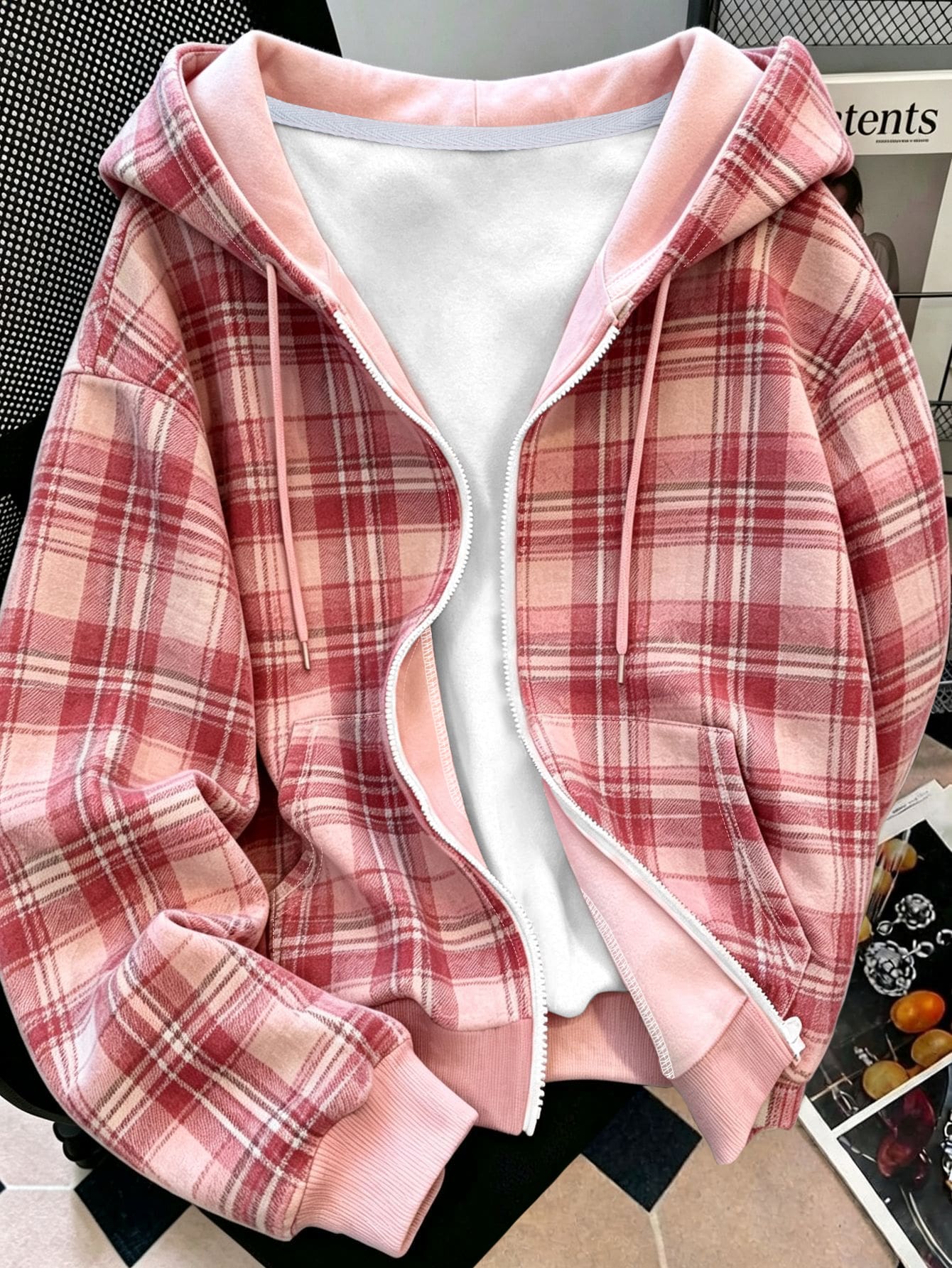 Resyla 女款外套上衣,秋冬新款,戶外休閒運動套裝,粉色,圖案,粉色格紋,女款雙層拉鍊連帽衛衣,女款雙層連帽衛衣 - 彩色 - 查看 1