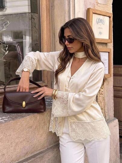 Serisse Women's Elegant French Beige Vintage Frog Button Contrast Lace Long-Sleeved Blouse Brunch Tea Party Commute OfficeFestival TeaCasual Work Autumn