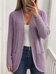 Yunfilé Women's Casual Ribbed Brushed Open Front Side Pocket Short Jacket - Purple - View 1