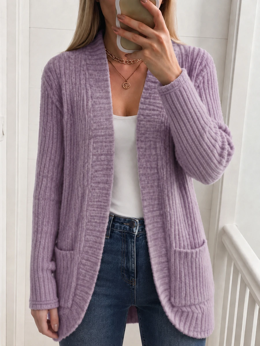 Yunfilé Women's Casual Ribbed Brushed Open Front Side Pocket Short Jacket - Purple - View 1