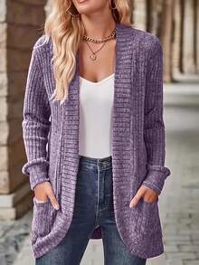 Yunfilé Women's Casual Ribbed Brushed Open Front Side Pocket Short Jacket - Purple - View 4