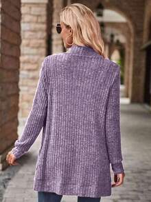 Yunfilé Women's Casual Ribbed Brushed Open Front Side Pocket Short Jacket - Purple - View 2