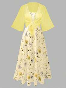 Franclia Plus Size Women's Floral Chiffon Dress With Cardigan, Elegant 2-Piece Set For Summer Fall Cloth For Women - Yellow - View 4