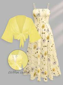 Franclia Plus Size Women's Floral Chiffon Dress With Cardigan, Elegant 2-Piece Set For Summer Fall Cloth For Women - Yellow - View 5