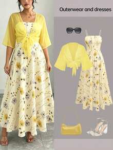 Franclia Plus Size Women's Floral Chiffon Dress With Cardigan, Elegant 2-Piece Set For Summer Fall Cloth For Women - Yellow - View 3
