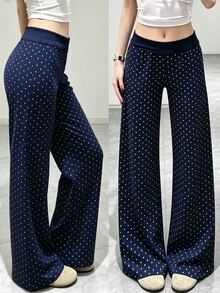 Selianne Celana Panjang Wanita Motif Polkadot Gaya Korea, Modis dan Serbaguna - Navy Blue - View 5