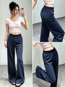 Selianne Celana Panjang Wanita Motif Polkadot Gaya Korea, Modis dan Serbaguna - Navy Blue - View 6