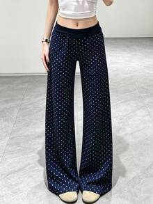 Selianne Celana Panjang Wanita Motif Polkadot Gaya Korea, Modis dan Serbaguna - Navy Blue - View 7
