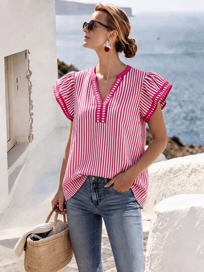 Yunfilé Women's Casual Striped V-Neck Top, Brown And White Color Block, Short Puff Sleeve With Contrast Trim, Loose Fit Everyday Blouse For Women, Women's Summer Top, Women's Office Top