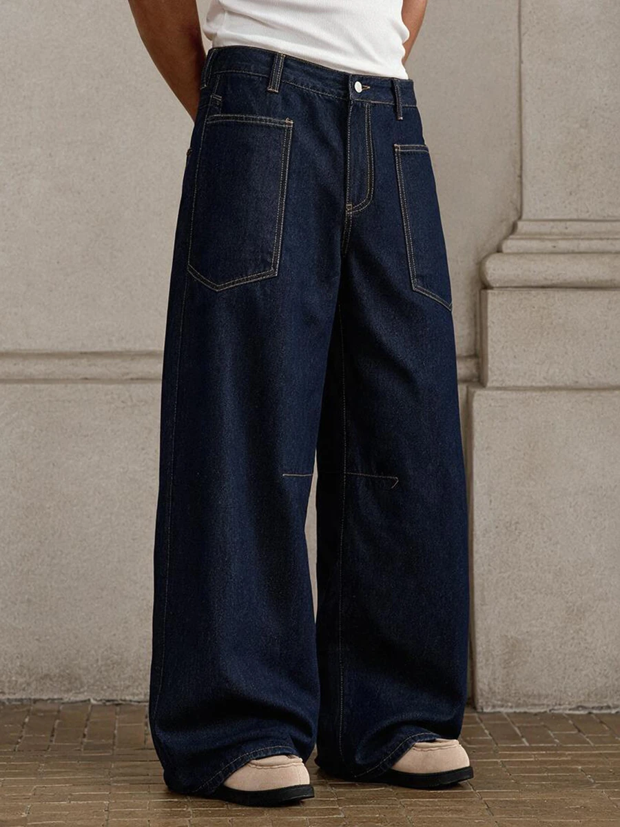 SIGLOCORE Men's Casual Versatile Washed Pocket Button Denim Jeans - Blue - View 1