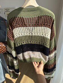 Comfortcana 加大码复古绿色镂空灯笼袖针织开衫 - 綠色 - 查看 2