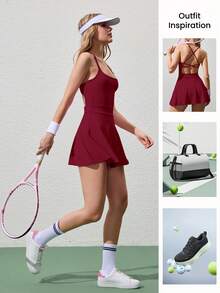 CourtClass CourtClass 女士优雅无袖连衣裙 运动连体裤 女士健身网球裙 女士运动服 女士网球裙 健身裙 带内置短裤的女士健身裙 女士运动服 女士运动套装 女士健身裙 女士运动裙 女士健身服套装 - 酒紅色 - 查看 5