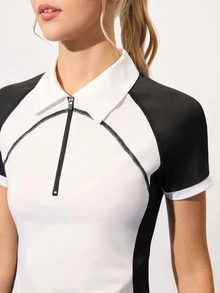 CourtClass CourtClass Women's Contrast Color Raglan Short Sleeve Casual Sports Polo Shirt, Tennis Women Golf Tops - Black and White - View 2