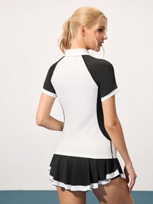 CourtClass CourtClass Women's Contrast Color Raglan Short Sleeve Casual Sports Polo Shirt, Tennis Women Golf Tops - Black and White - View 3