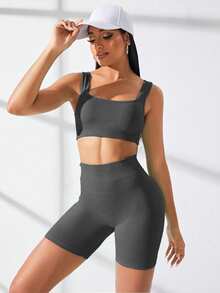 CourtClass CourtClass Seamless High Stretch Sports Bra With Biker Shorts Set Workout Women Set - Dark Grey - View 4