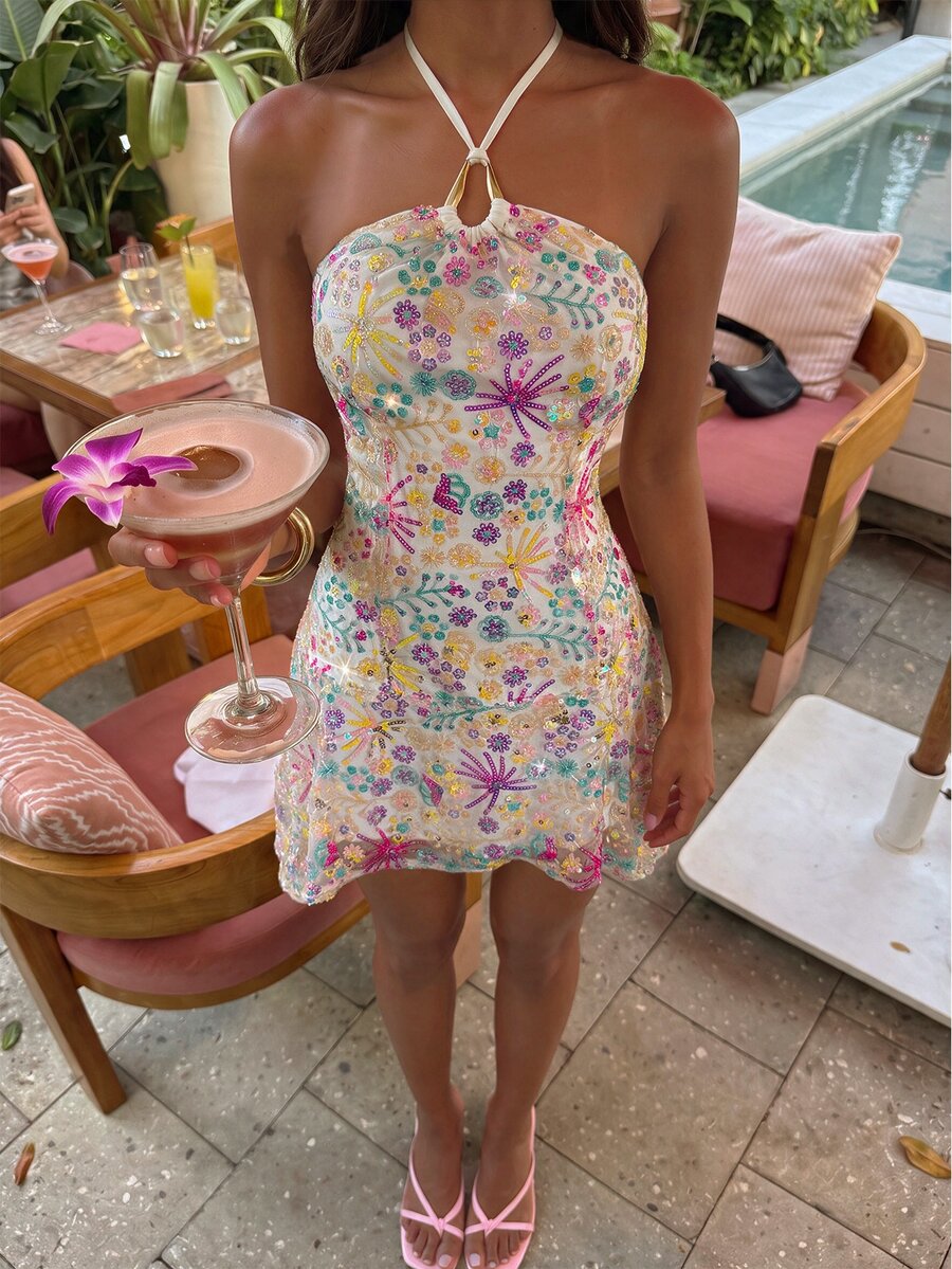Glamine Charm Off White Floral Sequin Halter Backless Bodycon Mini Dress Asymmetric Hem Party Night Out Date Night Going Out Club Birthday Homecoming Fall Halloween - Multicolor - View 1