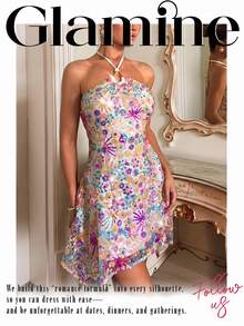 Glamine Charm Off White Floral Sequin Halter Backless Bodycon Mini Dress Asymmetric Hem Party Night Out Date Night Going Out Club Birthday Homecoming Fall Halloween - Multicolor - View 7