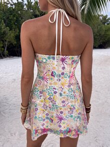 Glamine Charm Off White Floral Sequin Halter Backless Bodycon Mini Dress Asymmetric Hem Party Night Out Date Night Going Out Club Birthday Homecoming Fall Halloween - Multicolor - View 2