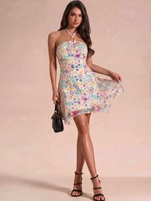 Glamine Charm Off White Floral Sequin Halter Backless Bodycon Mini Dress Asymmetric Hem Party Night Out Date Night Going Out Club Birthday Homecoming Fall Halloween - Multicolor - View 3