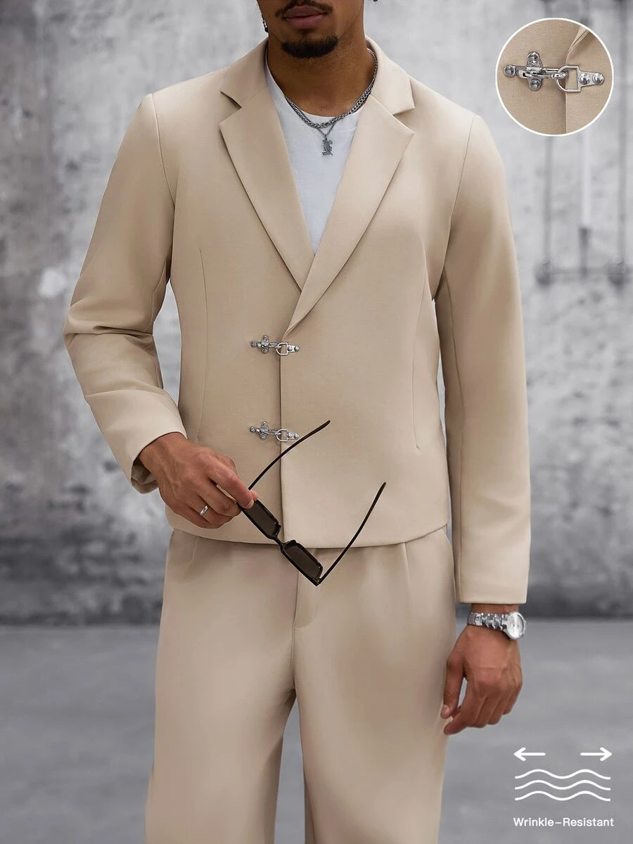 SLATEMANN Men's Apricot Fashion Notch Lapel Airplane Button Casual Business Daily Suit Set - Apricot - View 1