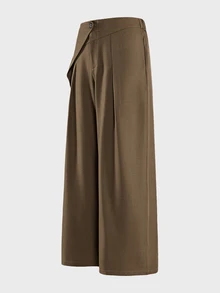 SIGLOCORE Men's Khaki Asymmetrical Waist Pleated Wide Leg Casual Trousers - Khaki - View 3