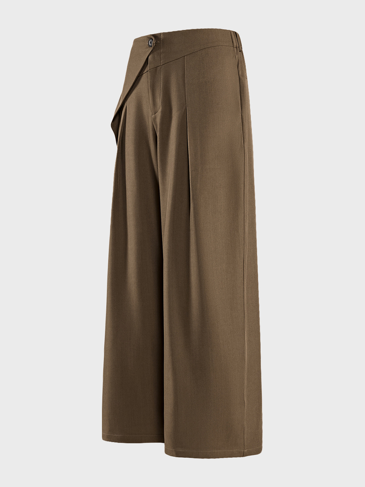 SIGLOCORE Men's Khaki Asymmetrical Waist Pleated Wide Leg Casual Trousers - Khaki - View 3