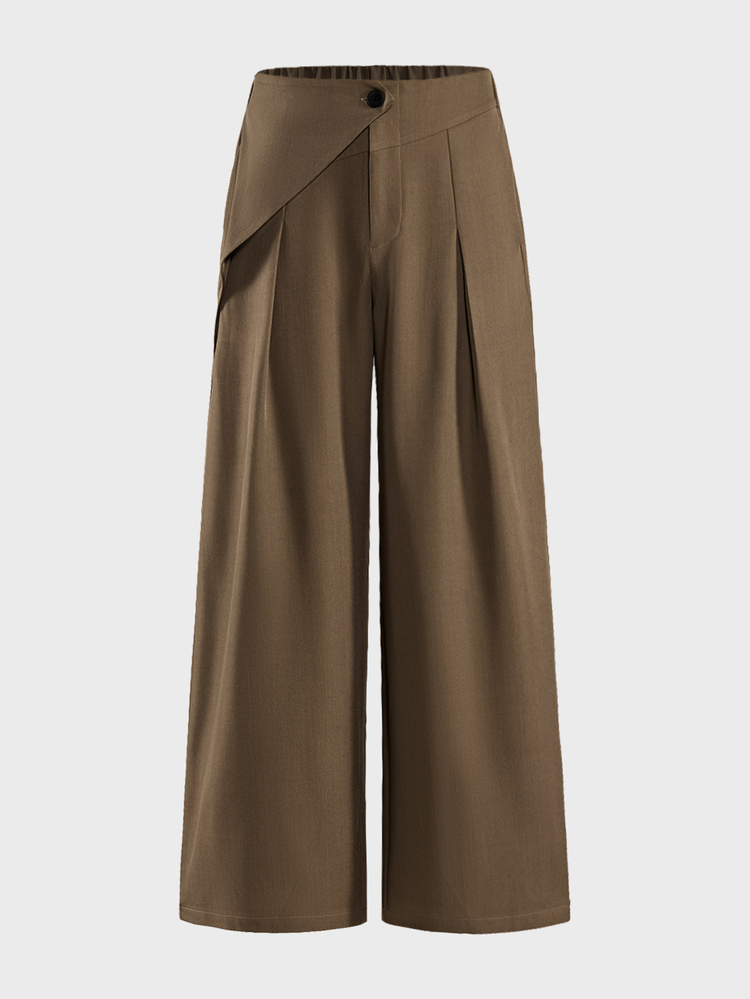 SIGLOCORE Men's Khaki Asymmetrical Waist Pleated Wide Leg Casual Trousers - Khaki - View 2